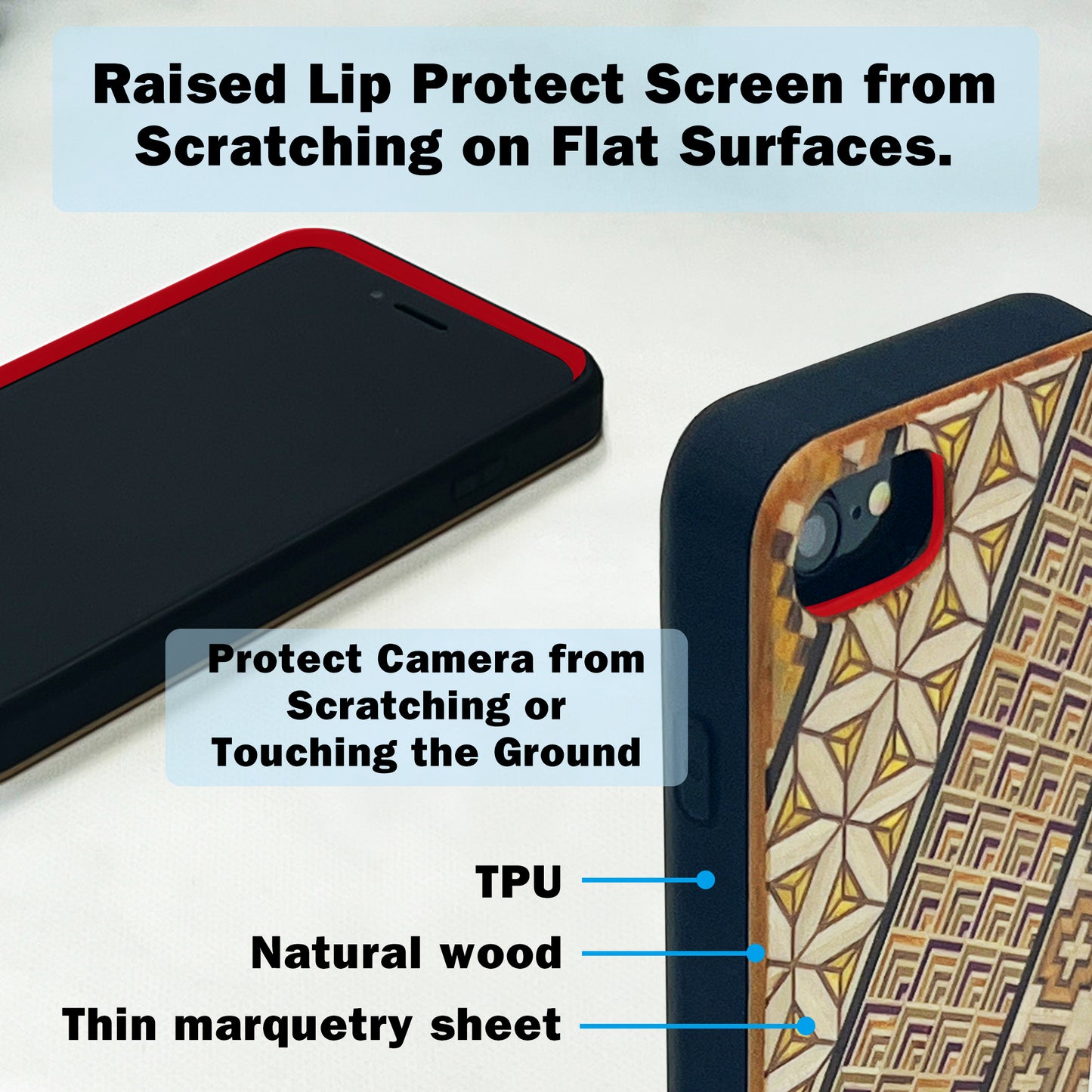 iPhone SE case 3rd/2nd Natural Wood Marquetry & Black Soft TPU Shockproof Yosegi