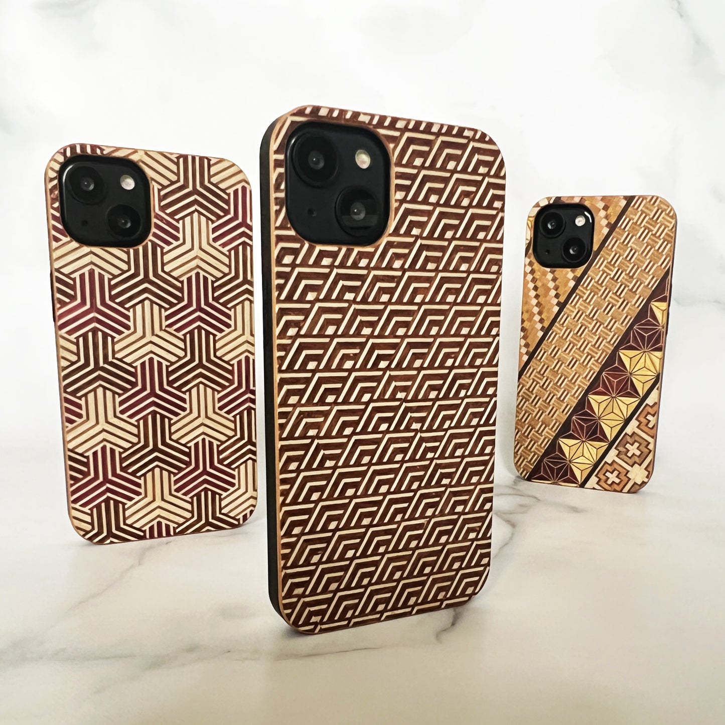 iPhone 13 case Natural Wood Marquetry & Black Soft TPU Shockproof Yosegi