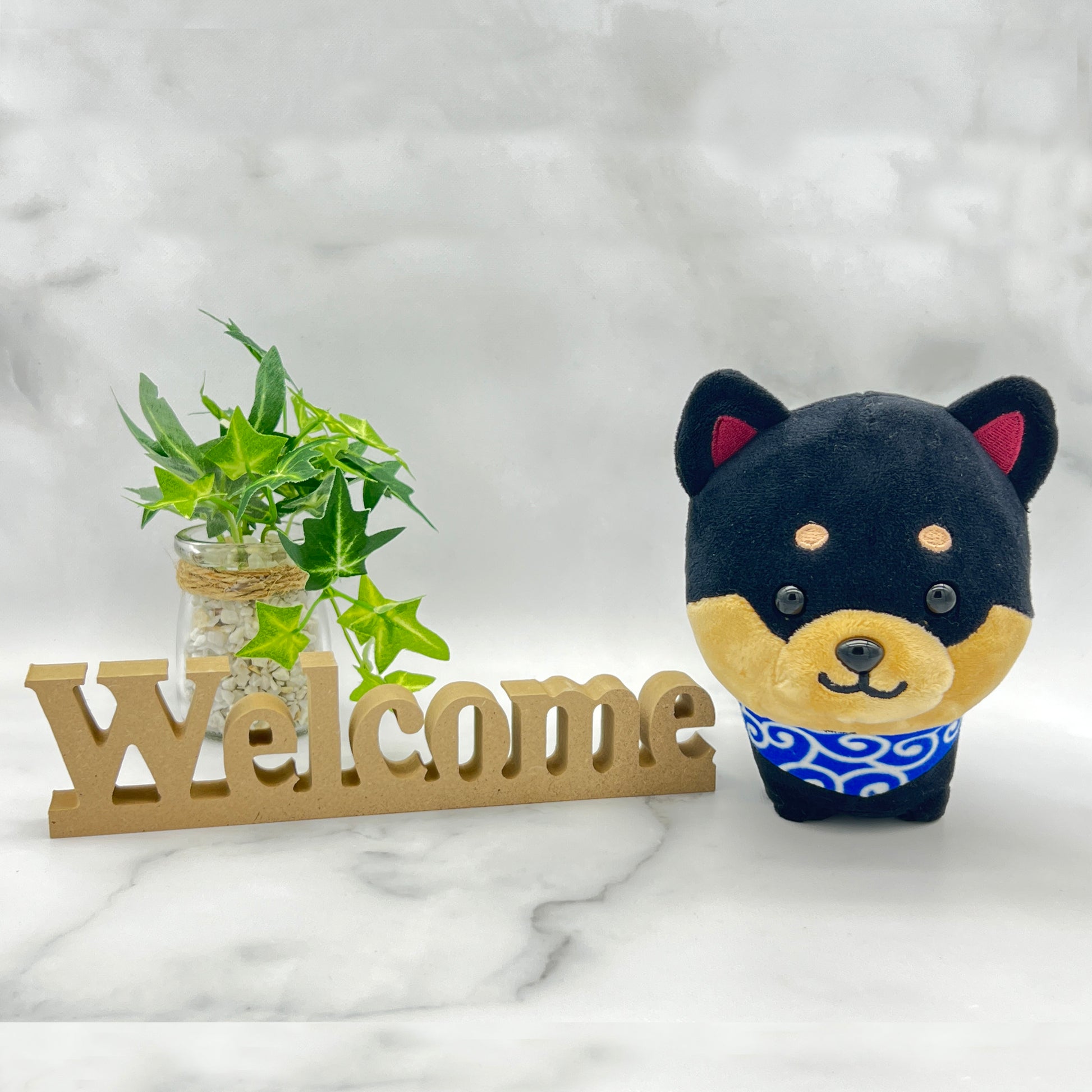 Stuffed dog Mameshiba black, plants and welcome character