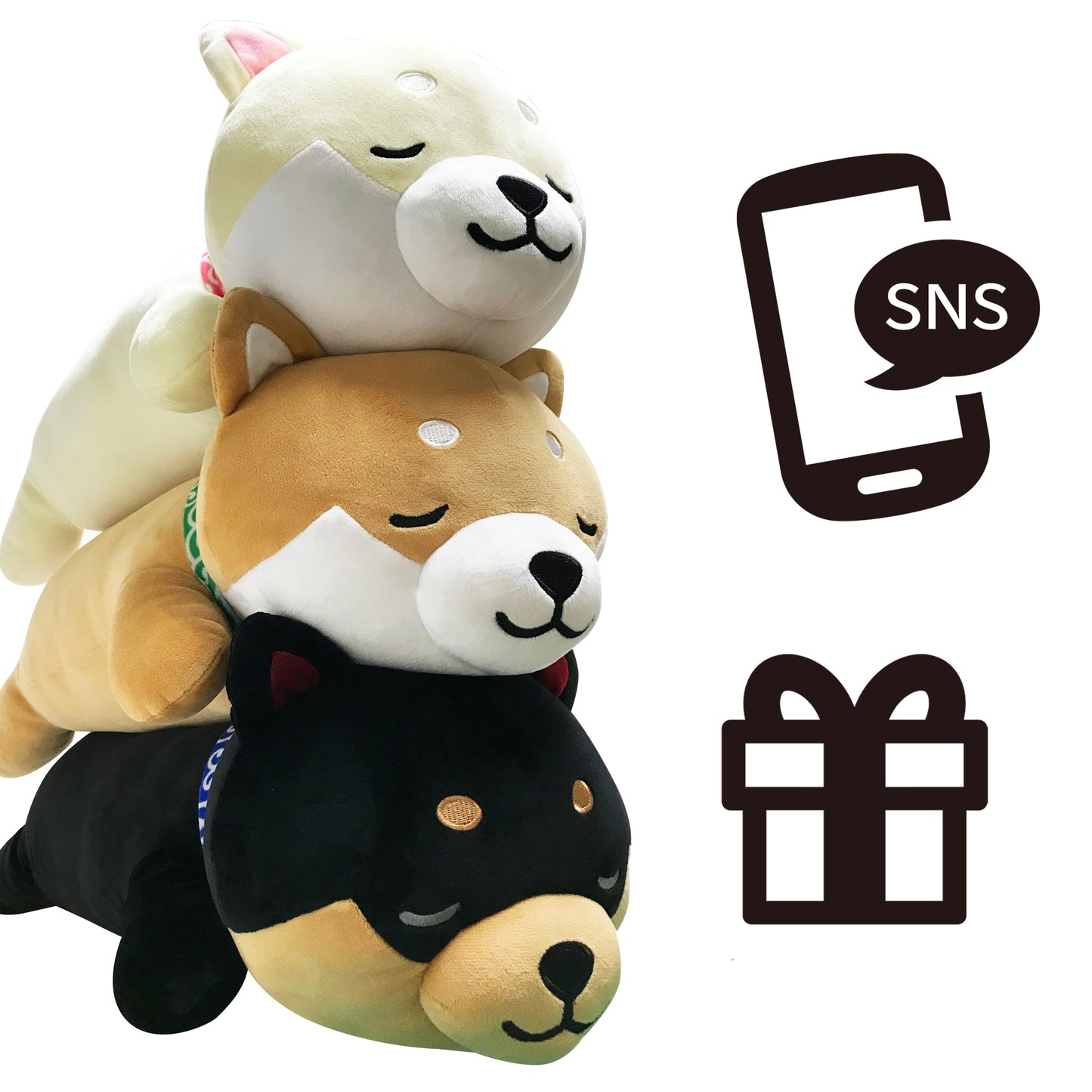 Three stuffed dog Mameshiba pillows and a pictogram